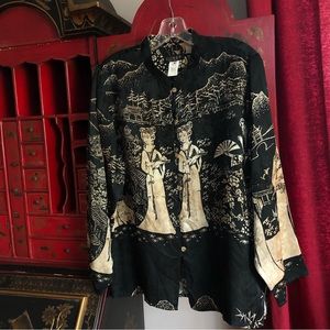 Citron Blouse Shirt Silk Asian Design Long Sleeve Button Up Size Medium
